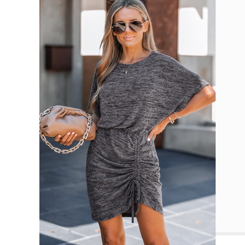 Cupshe Marled Knit Ruched Drawstring Dress M/Grey